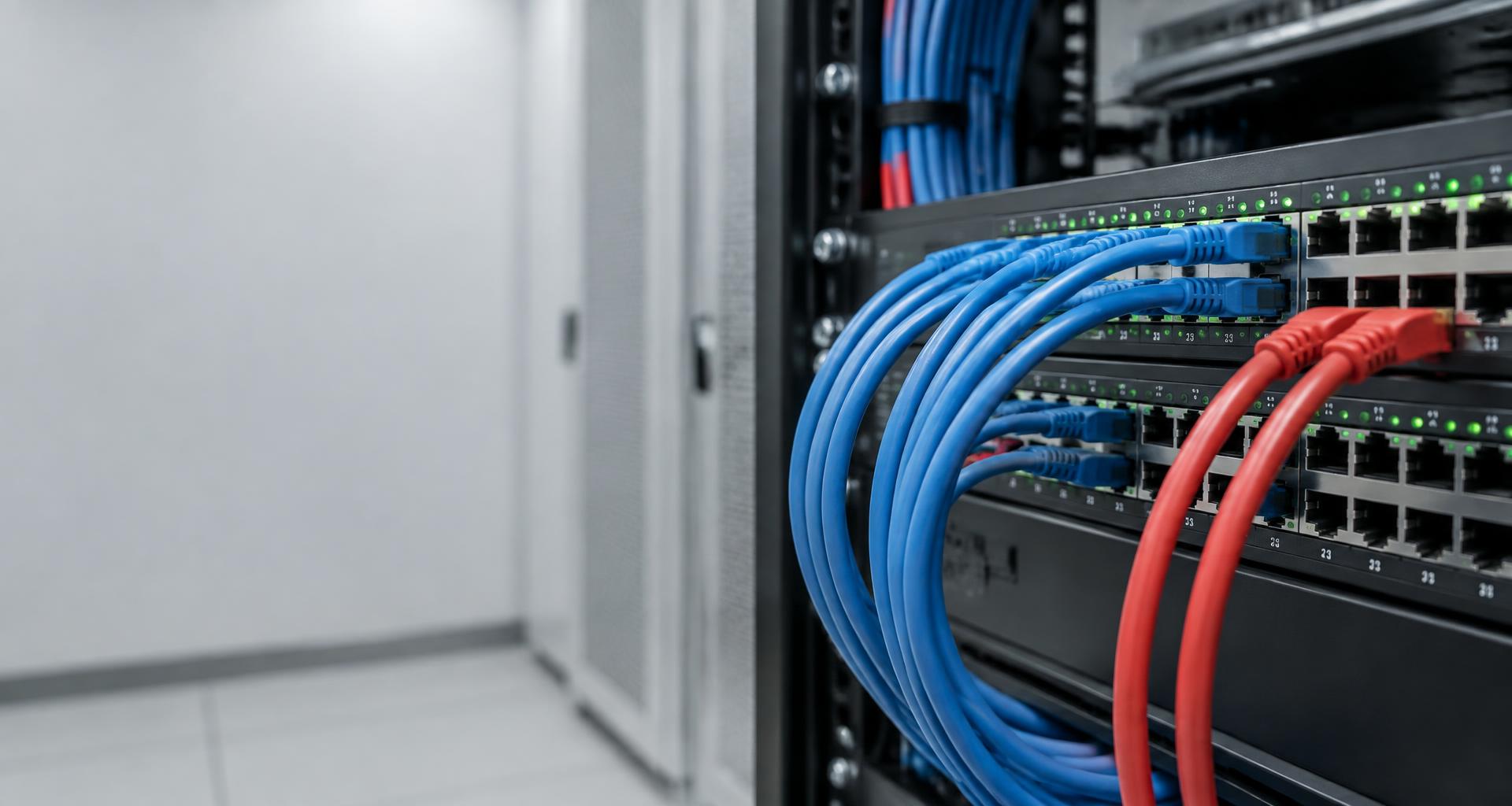 Naturally curved blue and red ethernet cables connected to network switches
