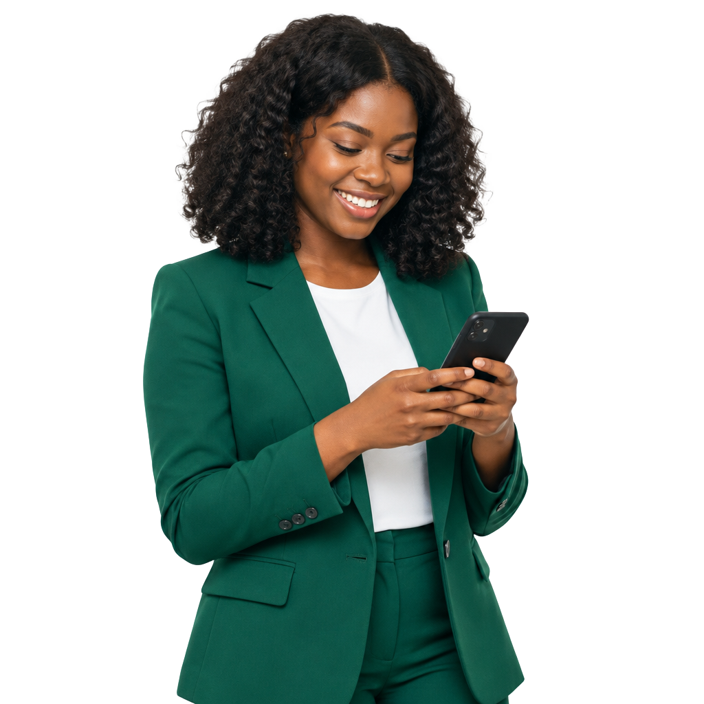 Woman in a green blazer engaging with a personalized SMS campaign on her phone