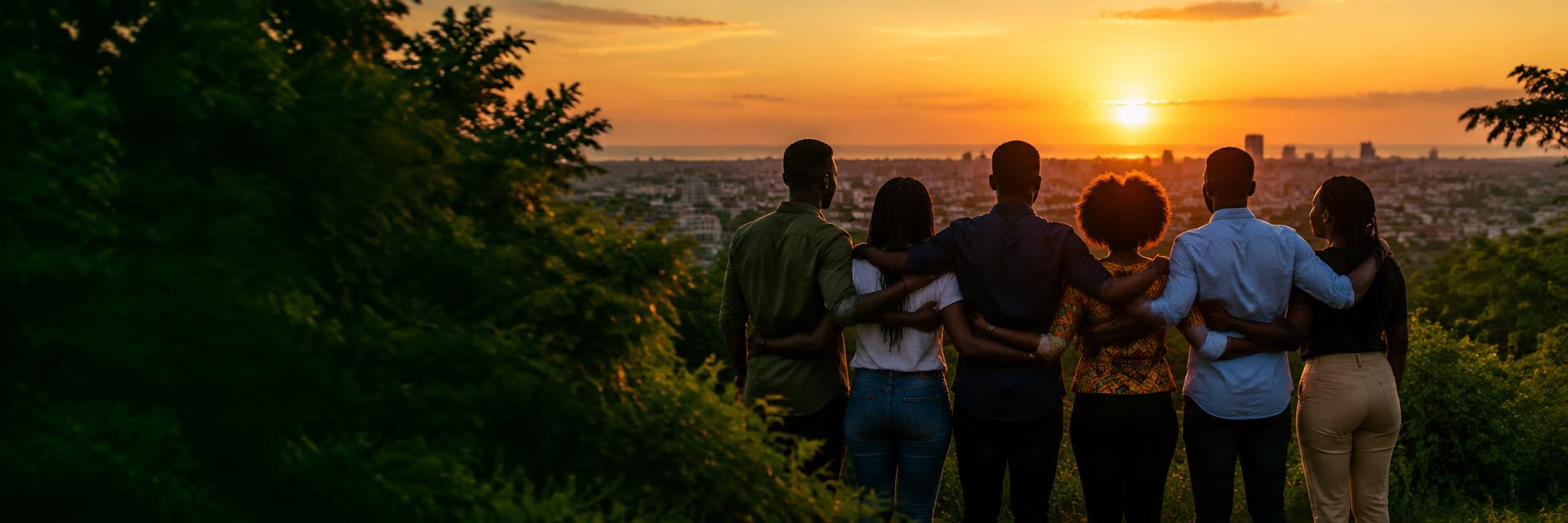 Six colleagues standing together overlooking Accra at sunset