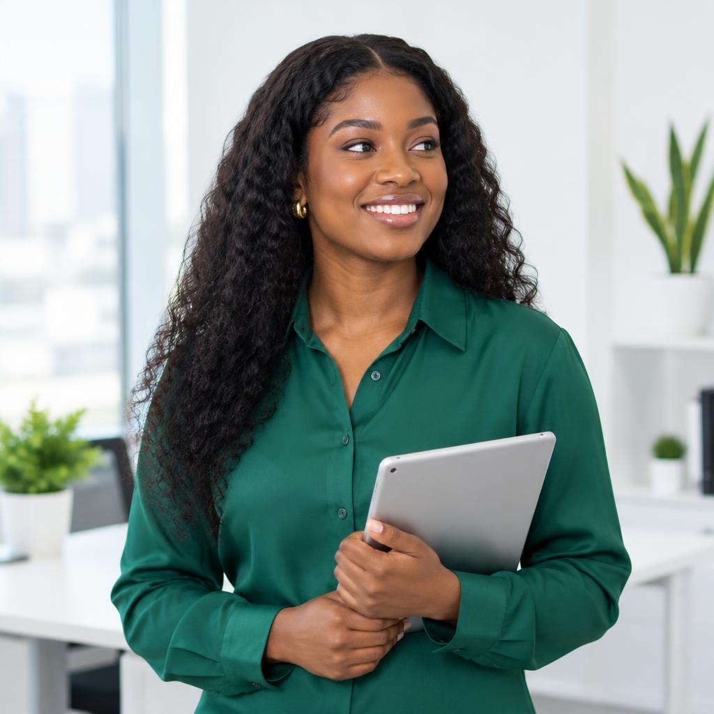 Businesswoman holding a tablet in a bright office