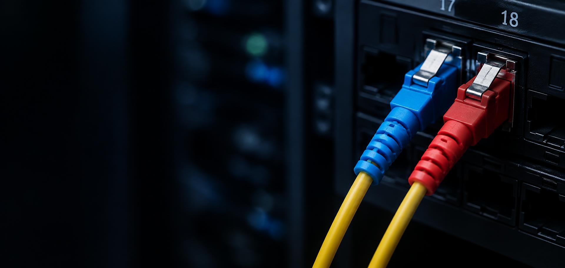 Blue fibre cables connected to dedicated network equipment