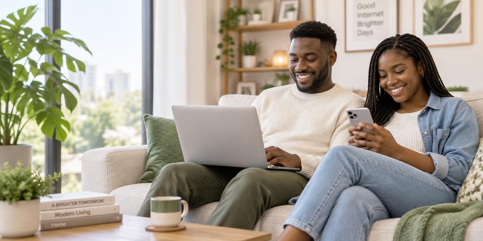 A couple enjoying GIG WISP internet together with a laptop and smartphone at home