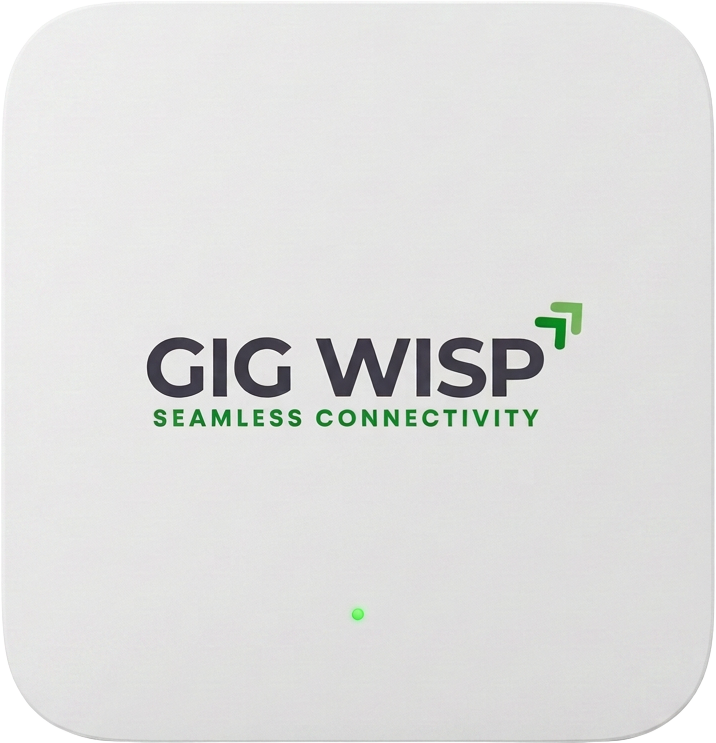 White GIG WISP fibre router with green status light