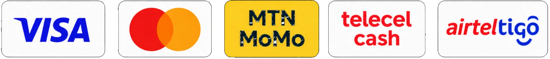 VISA, Mastercard, MTN MoMo, Telecel Cash and AirtelTigo payment methods