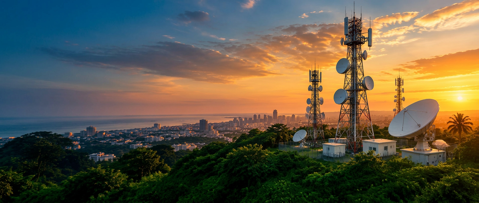 Telecommunications towers connecting a city at sunset